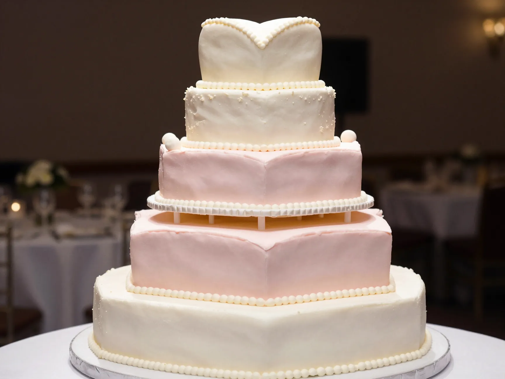 Multi tier heart shaped celebration cake with stacked fondant and buttercream
