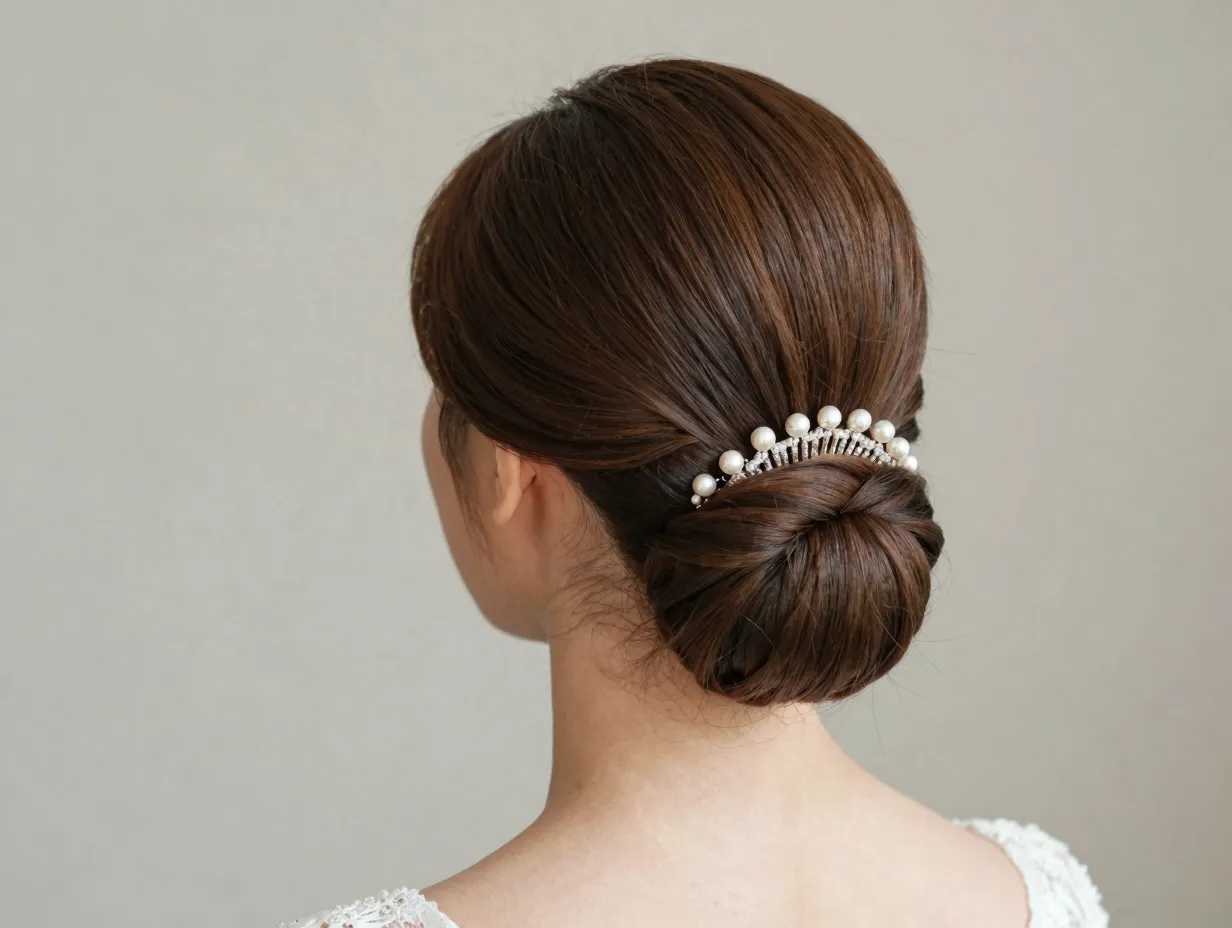 Sleek low chignon shoulder length bride polished timeless