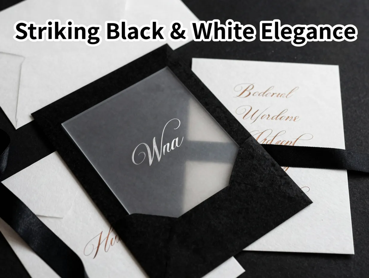 Black white wedding invitation suite flat lay texture contrast