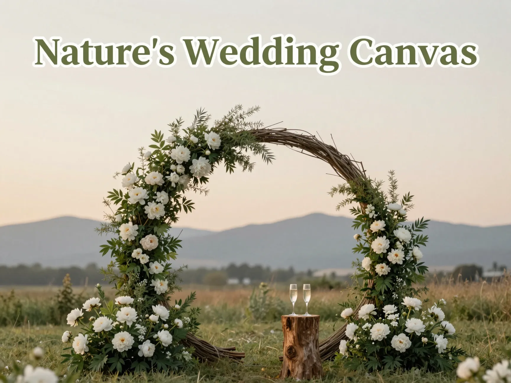 Romantic moon gate wedding arch in open meadow sunset