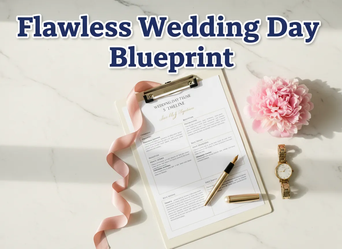 Wedding timeline clipboard peony watch ribbon pen marble planner