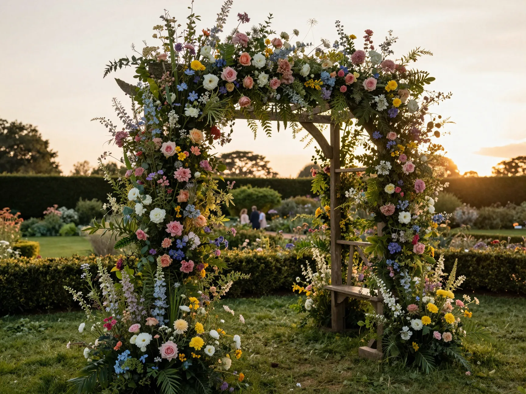 Classic floral arch backdrop in english garden at sunset
