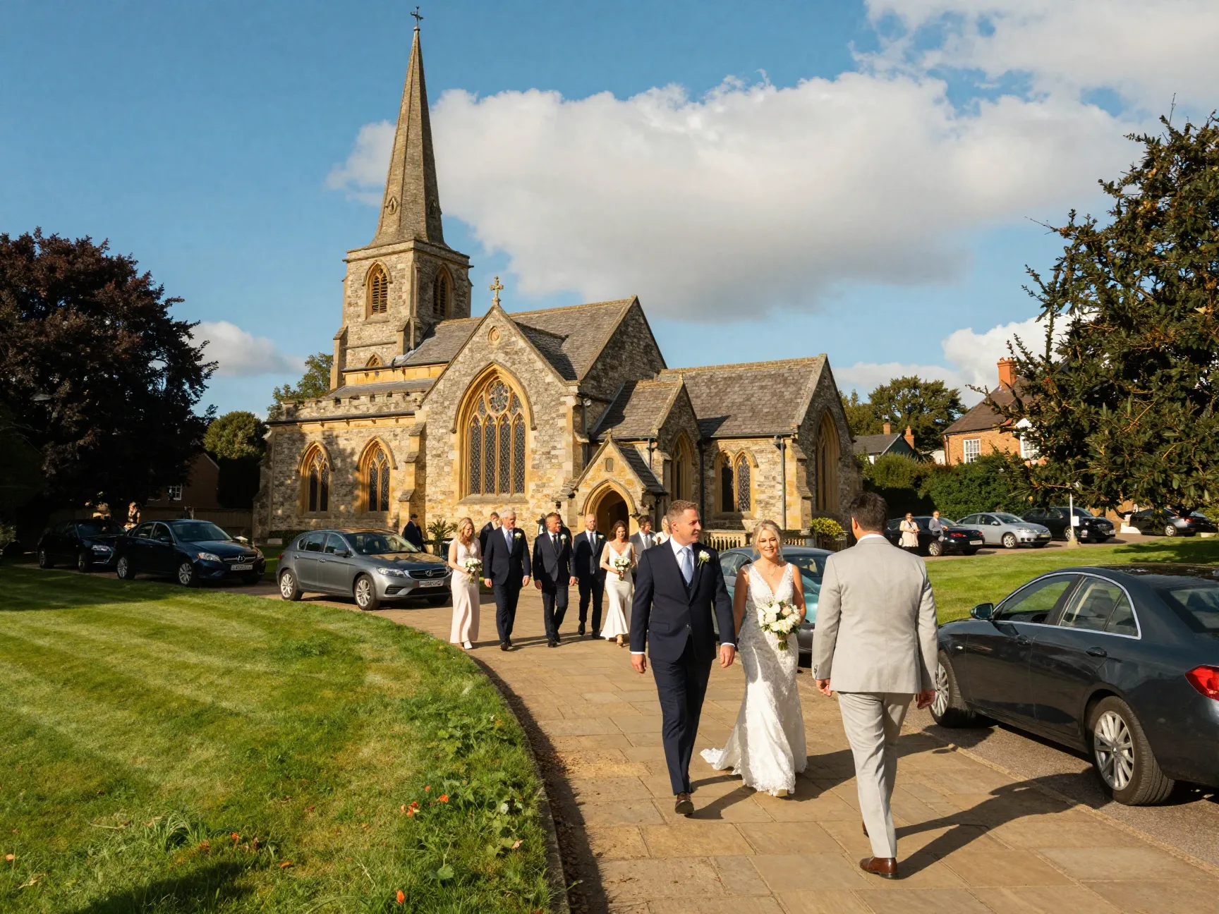 Classic saturday afternoon wedding ceremony at church with guests arriving