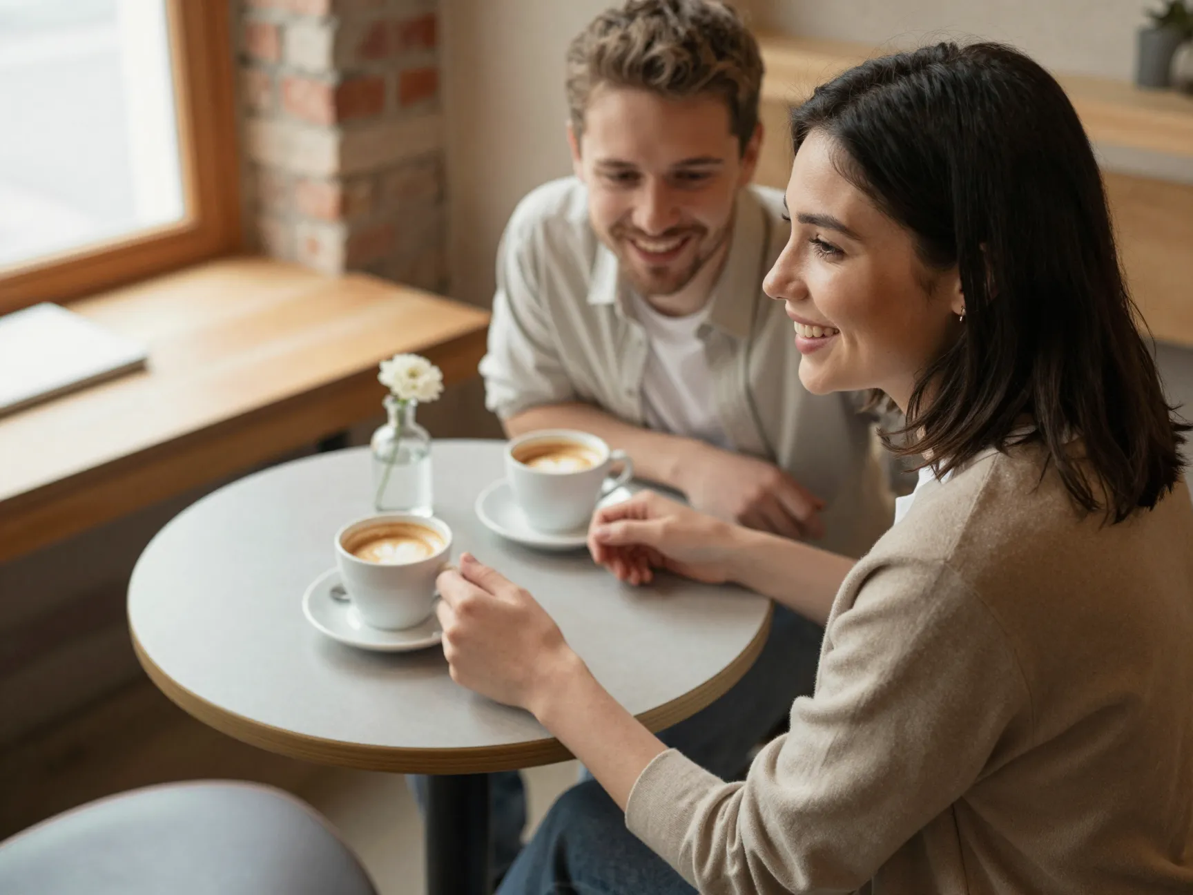 Couple at their meaningful first date location a cozy cafe