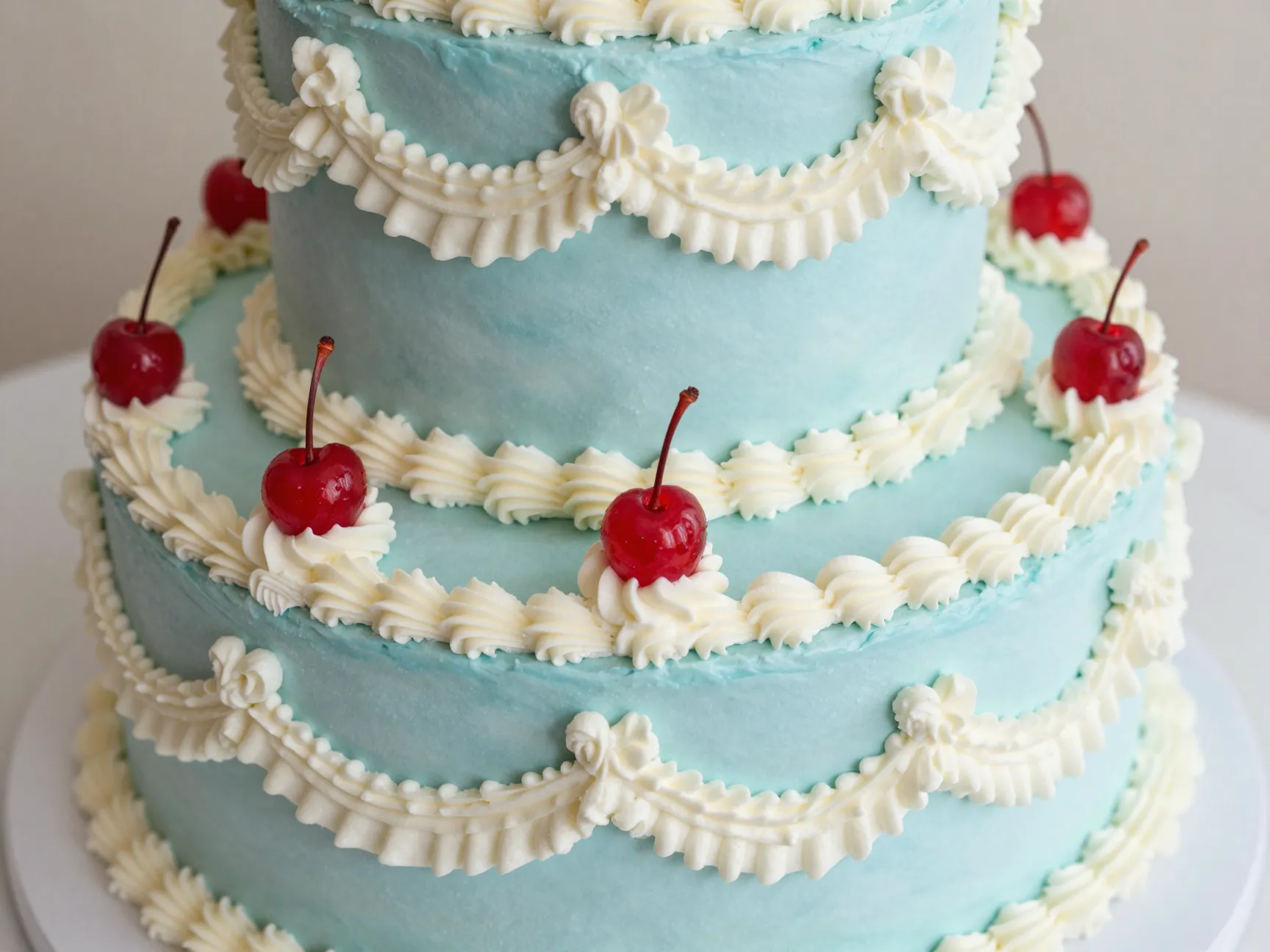 Elaborate baby blue lambeth cake with intricate piping and maraschino cherries