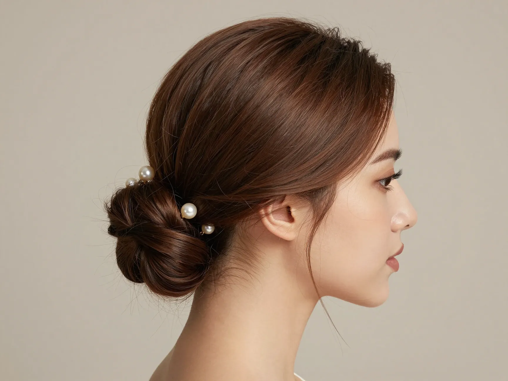Woman with medium hair in sleek classic french twist updo