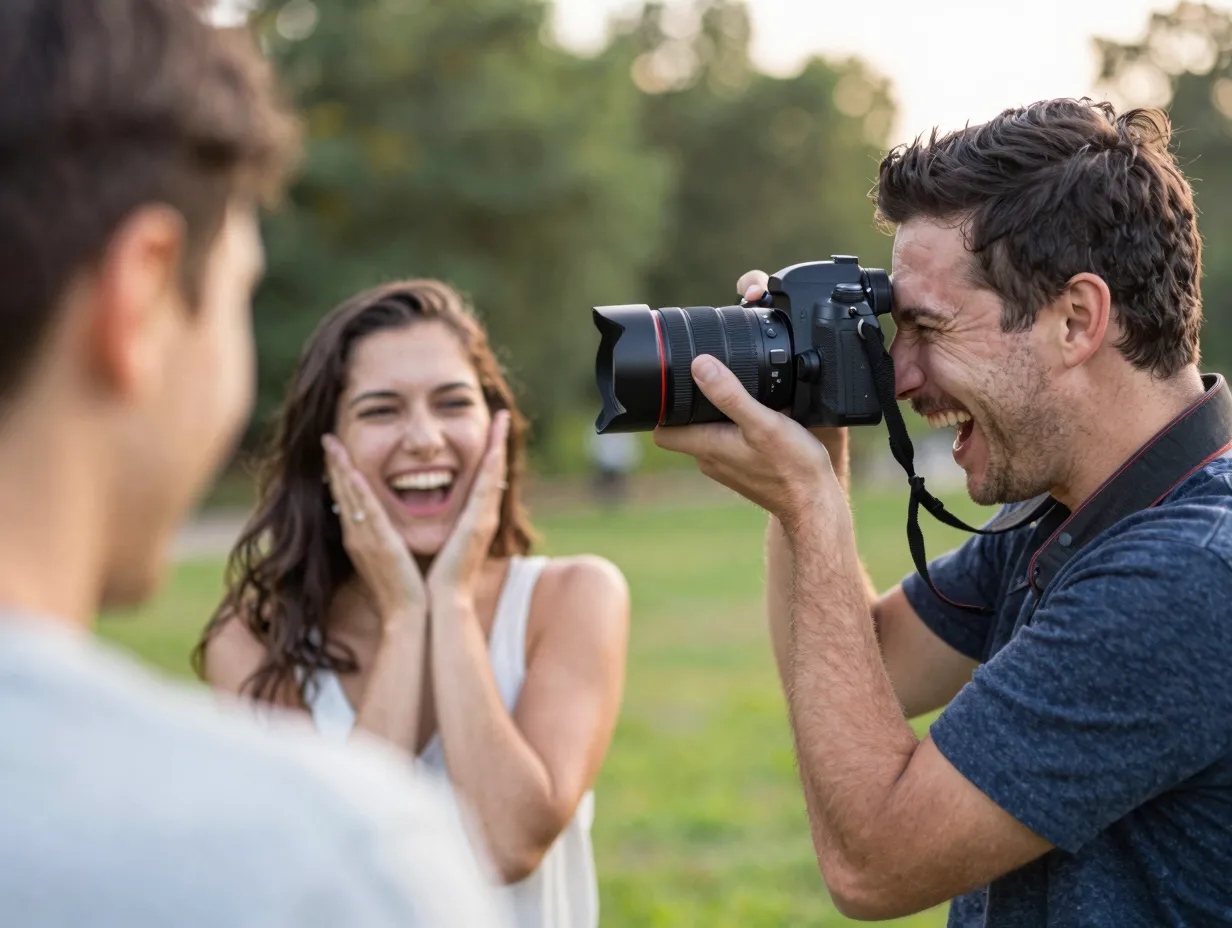 One partner laughing while photographing the other with a camera