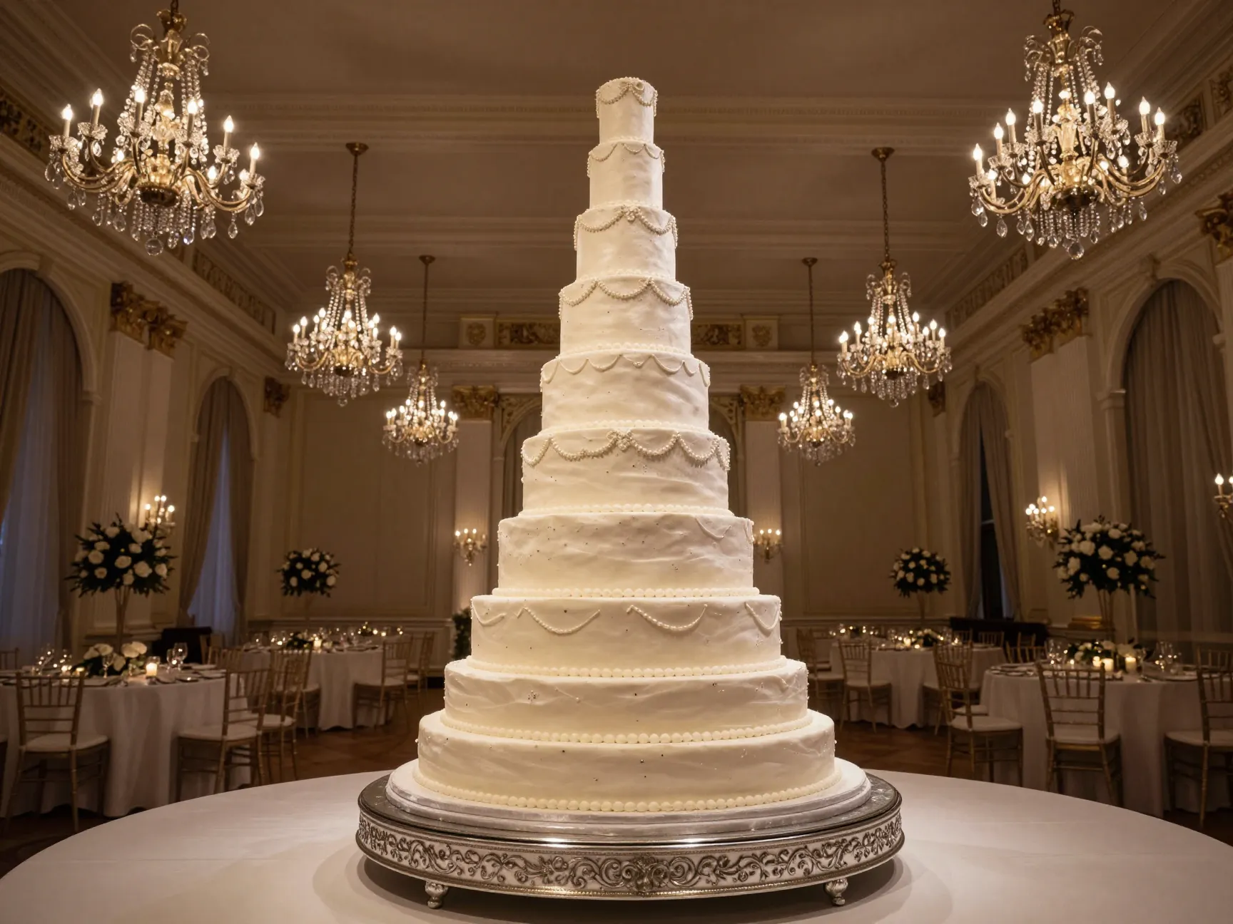 Six foot tall multi tiered wedding cake in a grand ballroom