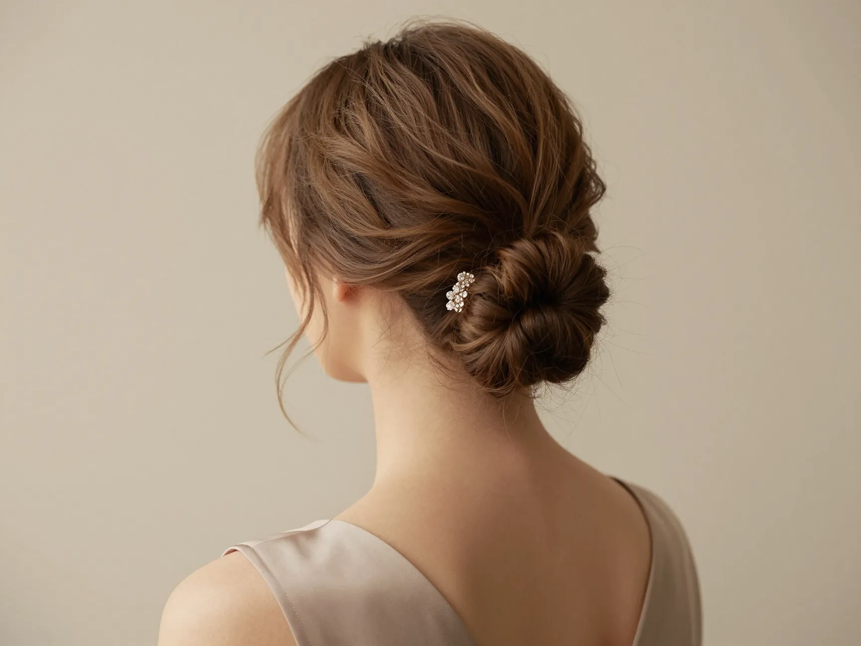 Woman with fine hair in soft textured low chignon at nape