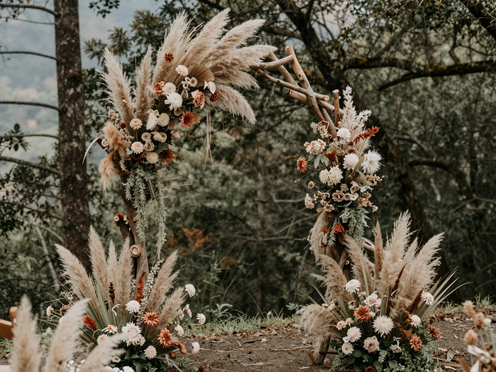 Boho demi arch with dried flowers in mountain forest setting