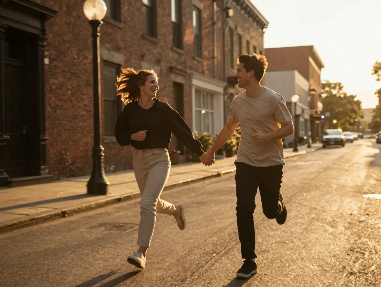 Couple running hand in hand laughing on a city street