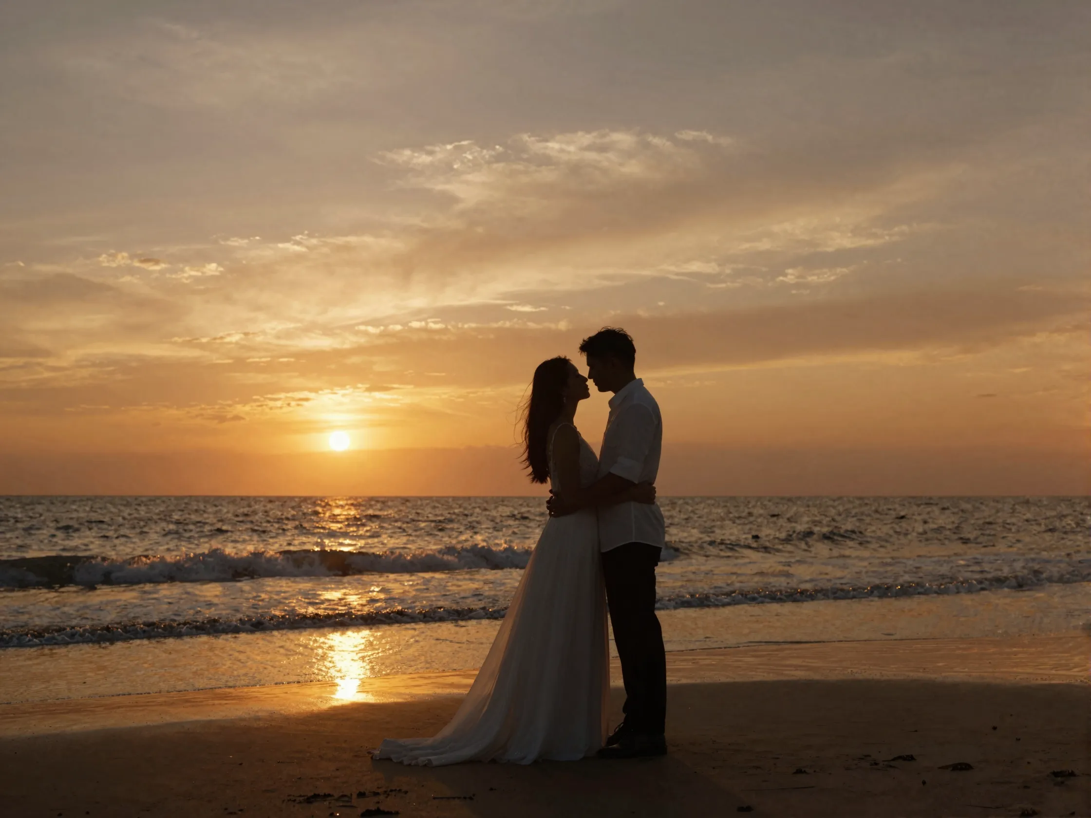 Sunset ceremony on beach during golden hour with couple portraits
