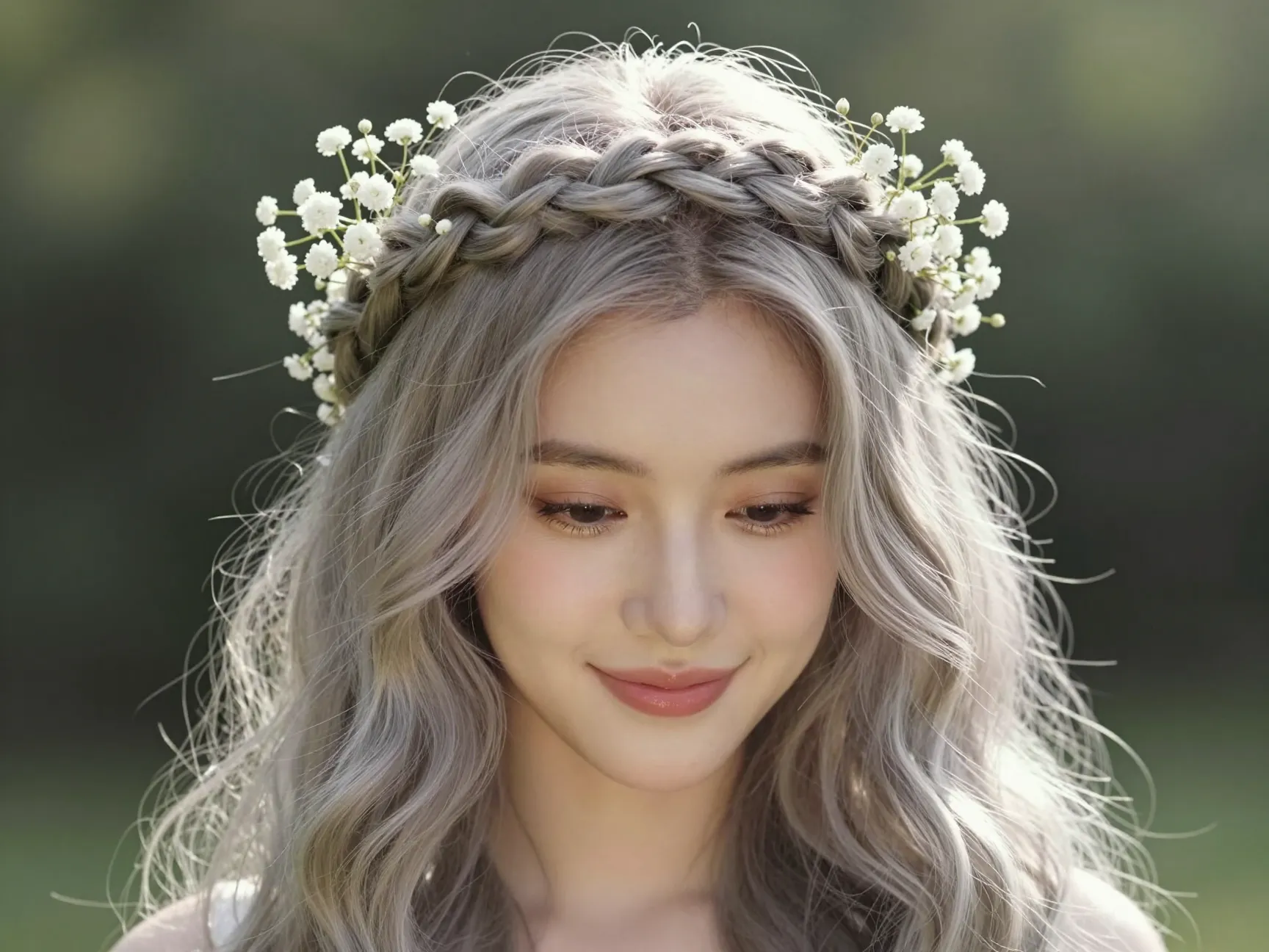 Woman with long wavy hair in romantic braided crown halo