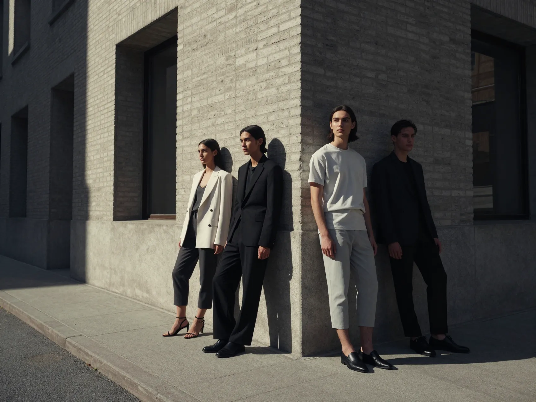 Fashion forward couple posing against an urban architectural backdrop