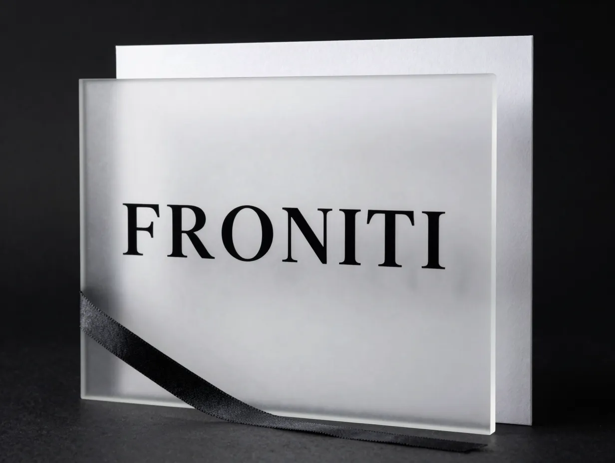 Frosted acrylic panel with sleek black foil lettering