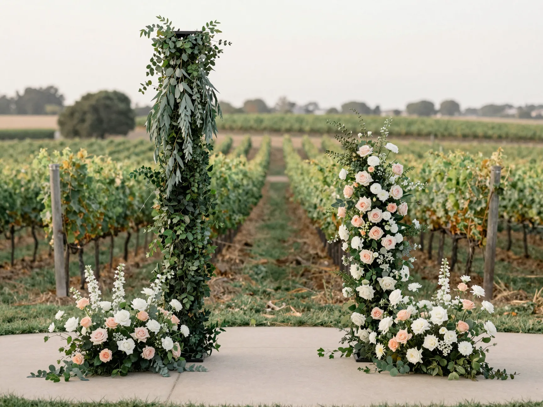 Tall pillar floral arrangements flanking couple at vineyard estate