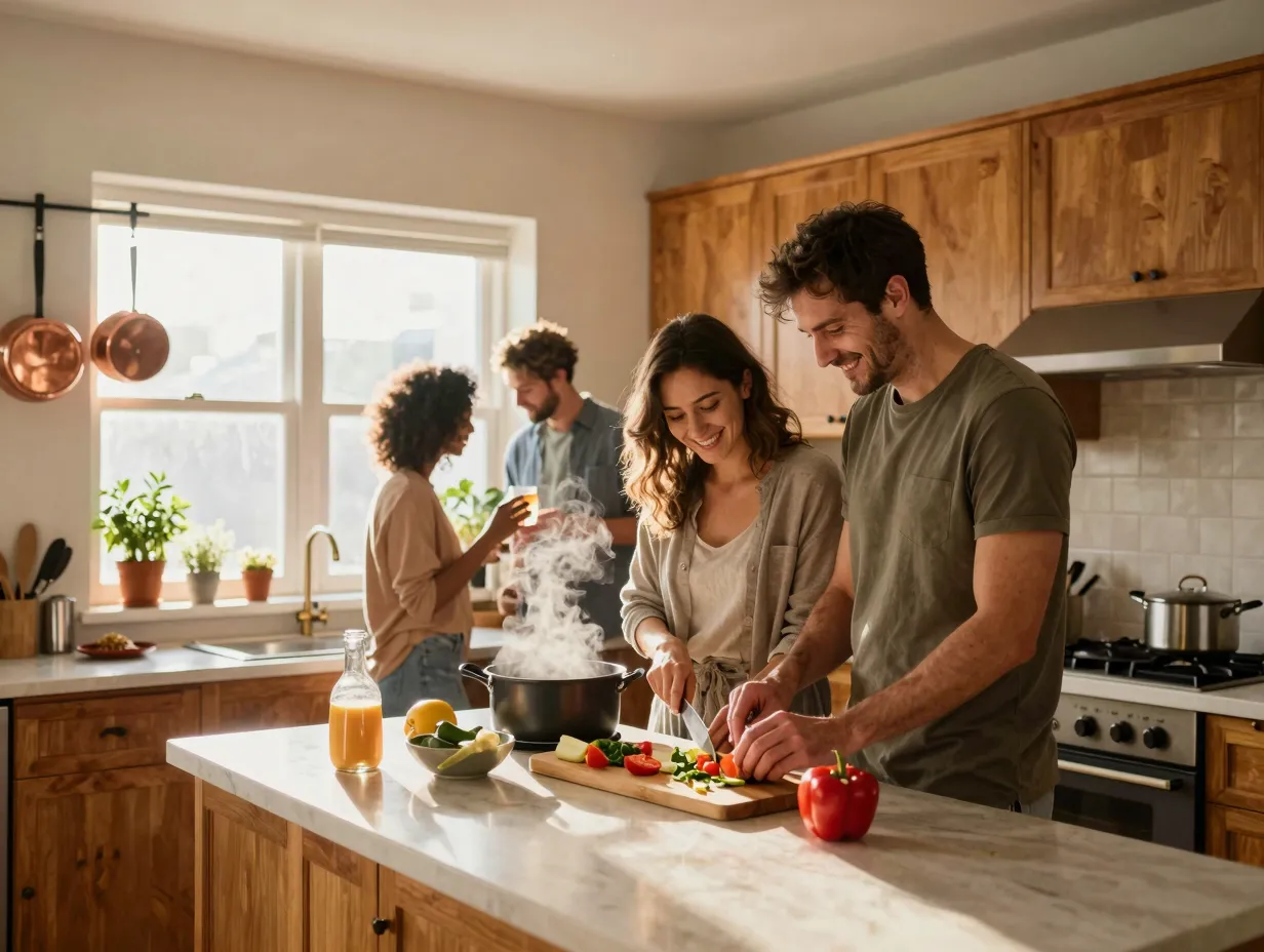 Couple cooking together in a warm well lit home kitchen