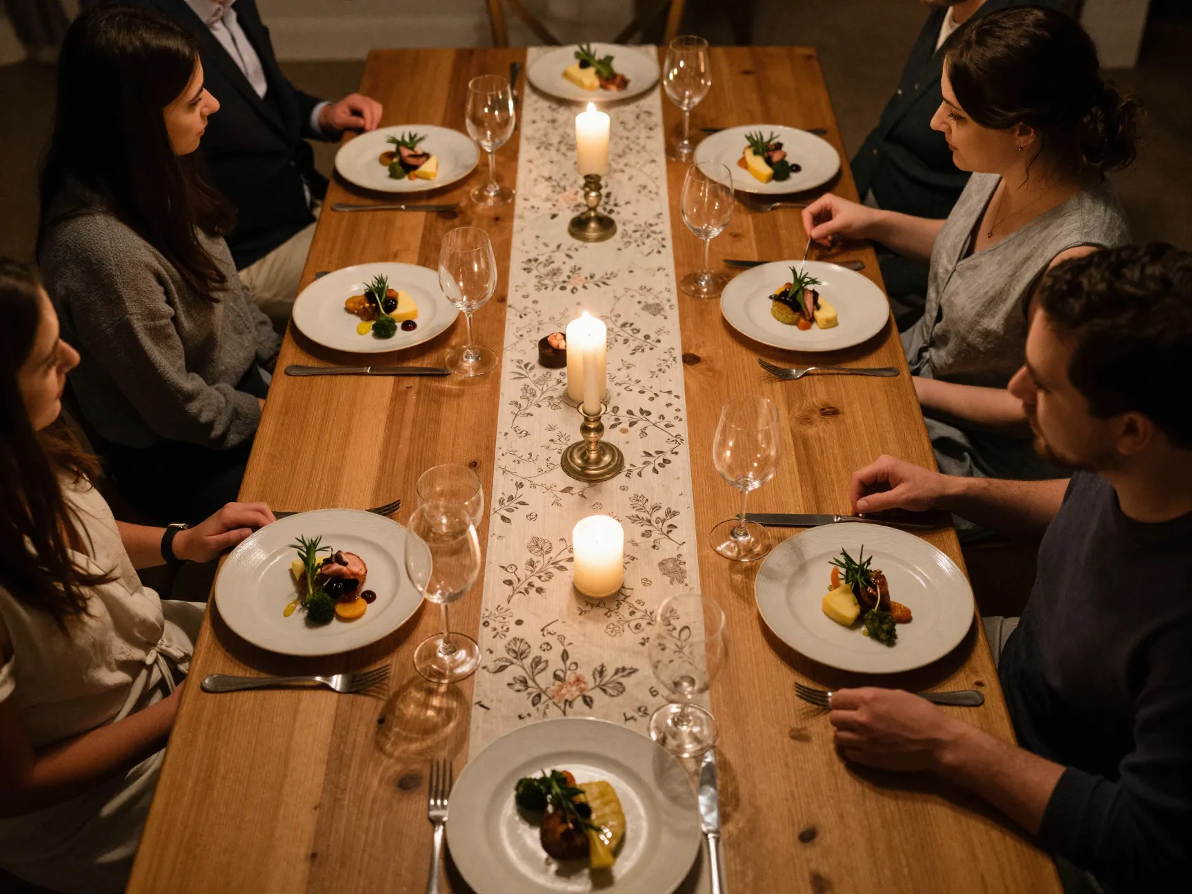 Micro wedding intimate seated dinner at long wooden table
