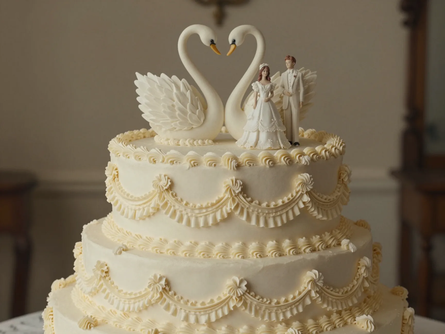 Vintage baroque wedding cake with ivory piping and sugar swan
