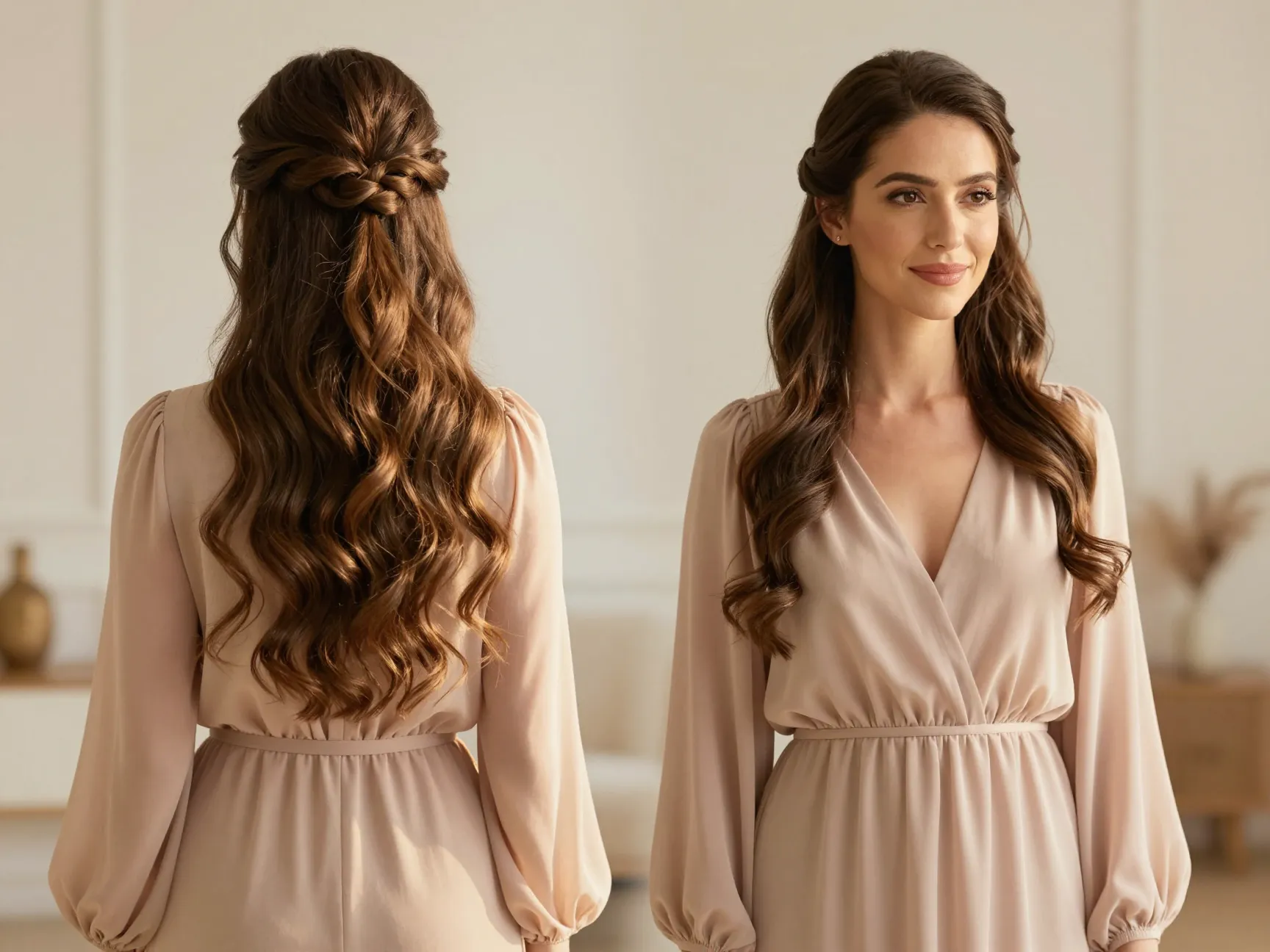 Woman with long hair in elegant half up half down style