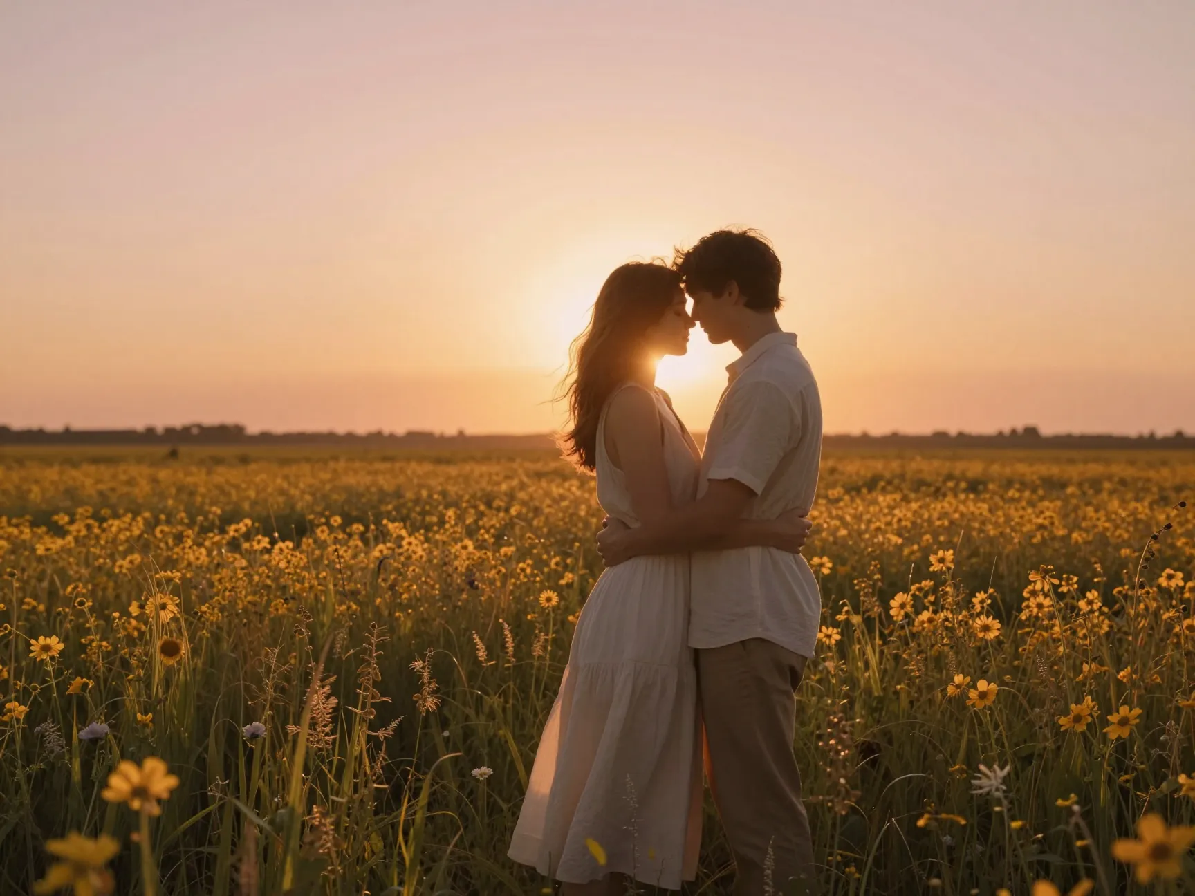 Couple embraced during golden hour in a field of wildflowers