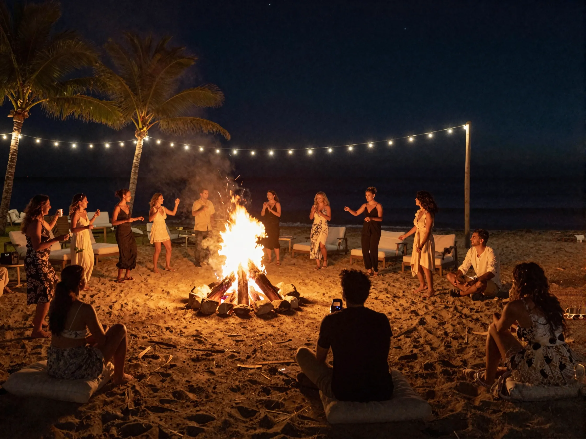 Destination wedding beach bonfire and dancing under string lights