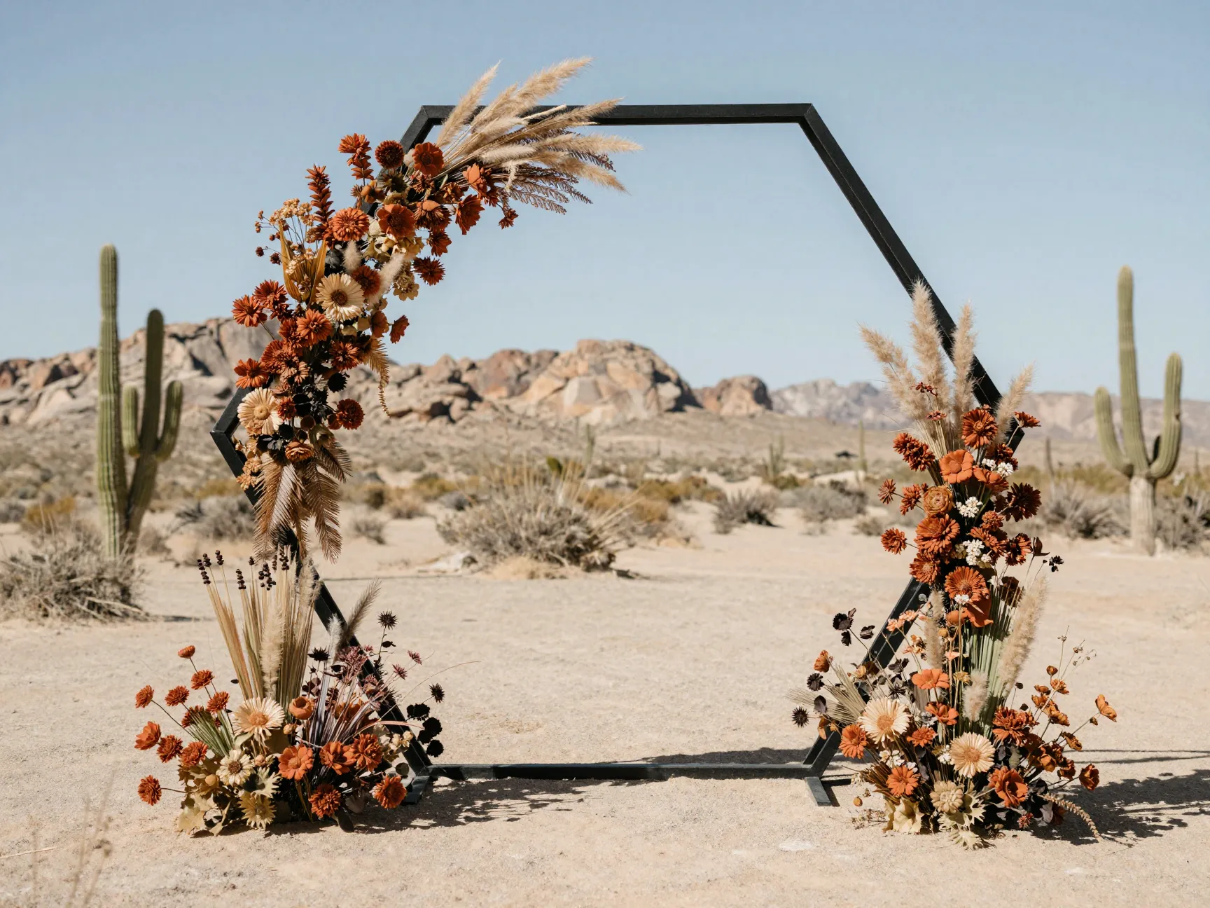 Modern hexagonal geometric arch in desert with dried botanicals