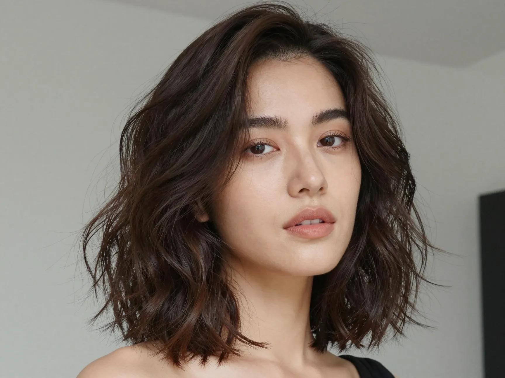 Woman with chin length lob in modern textured waves