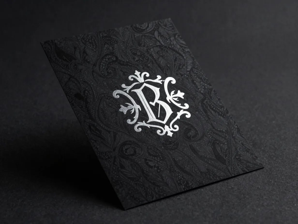 Black on black invitation with silver foil monogram accent