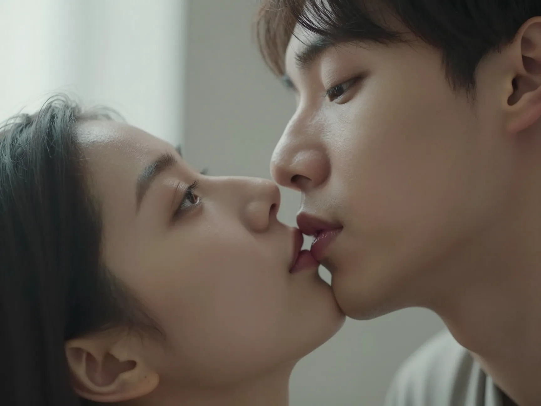 Intimate almost kiss moment between couple in soft light