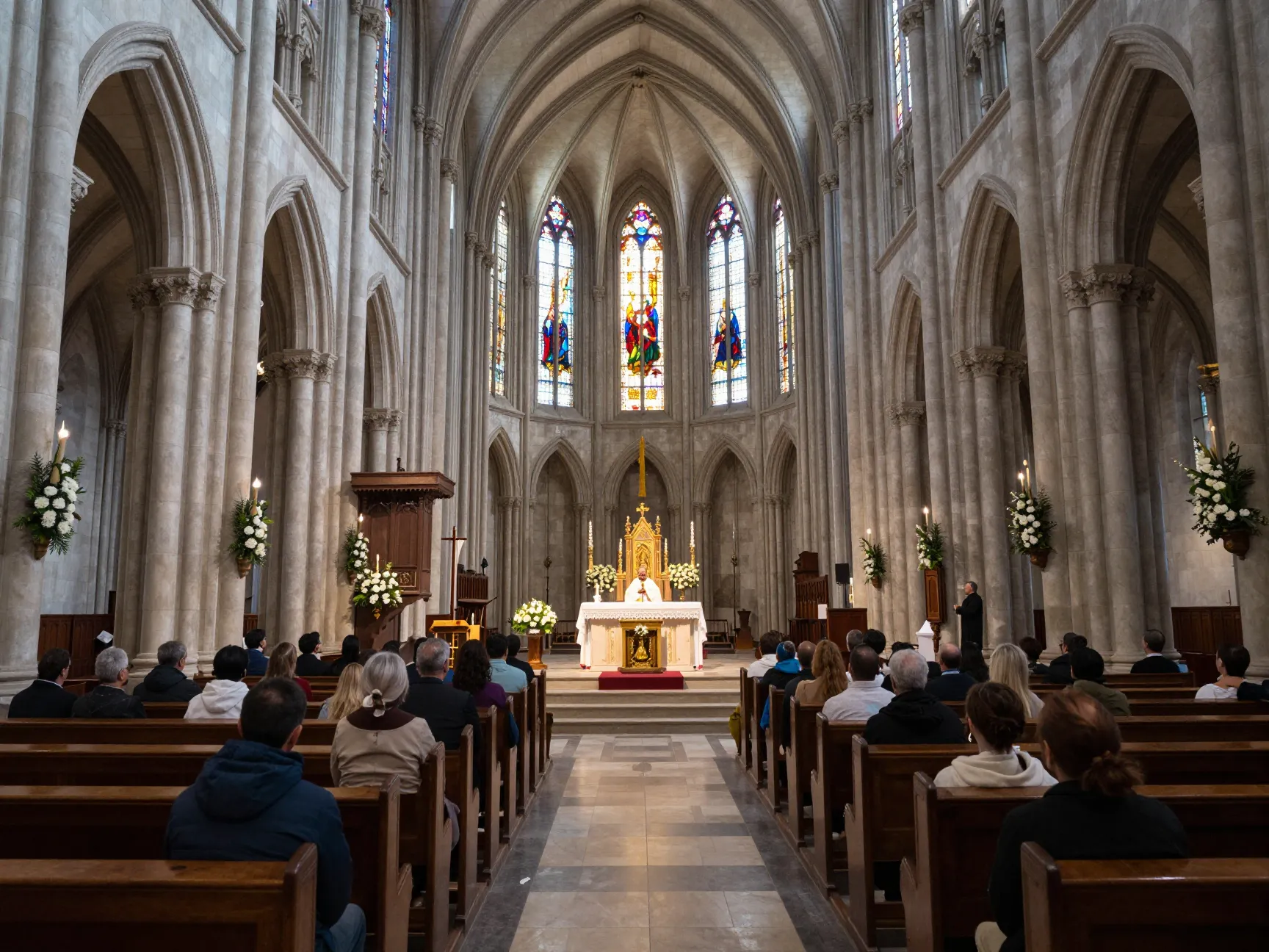 Religious ceremony inside grand cathedral with extended rituals
