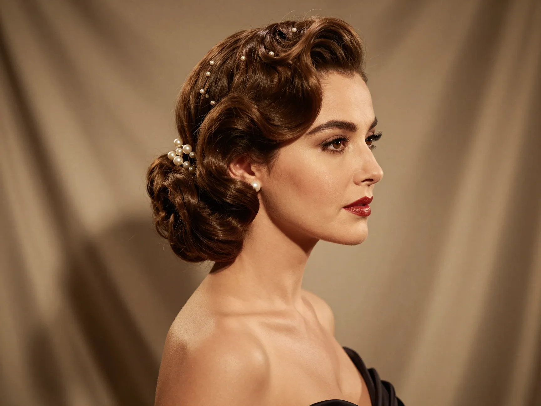 Woman with medium hair in glamorous side swept chignon