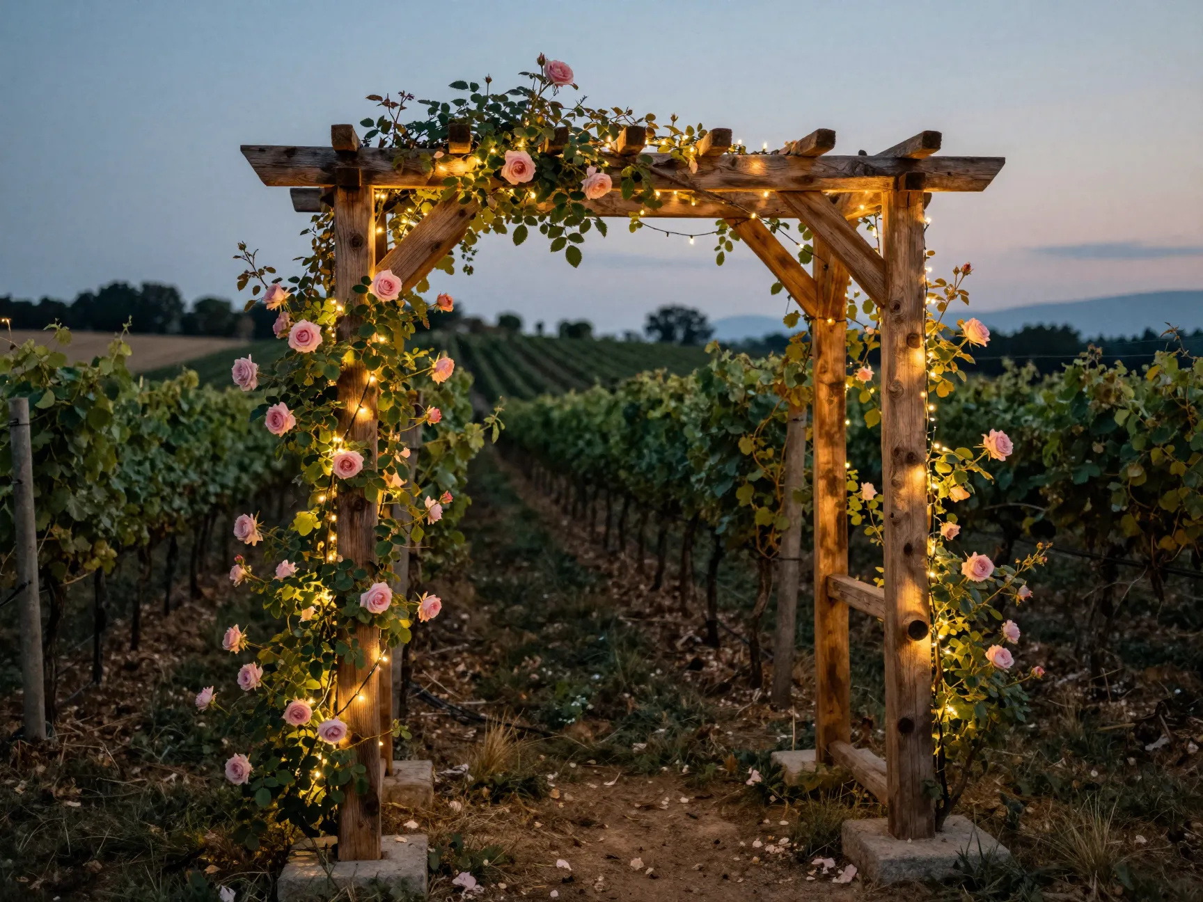 Wooden frame arch with climbing roses in vineyard at dusk