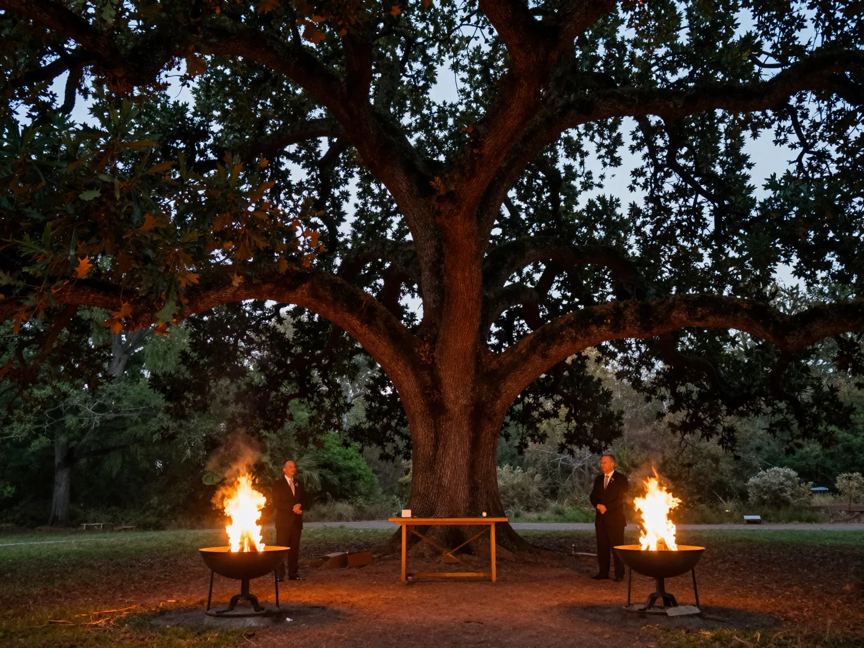 Ceremony beneath grand oak tree canopy with fire pits