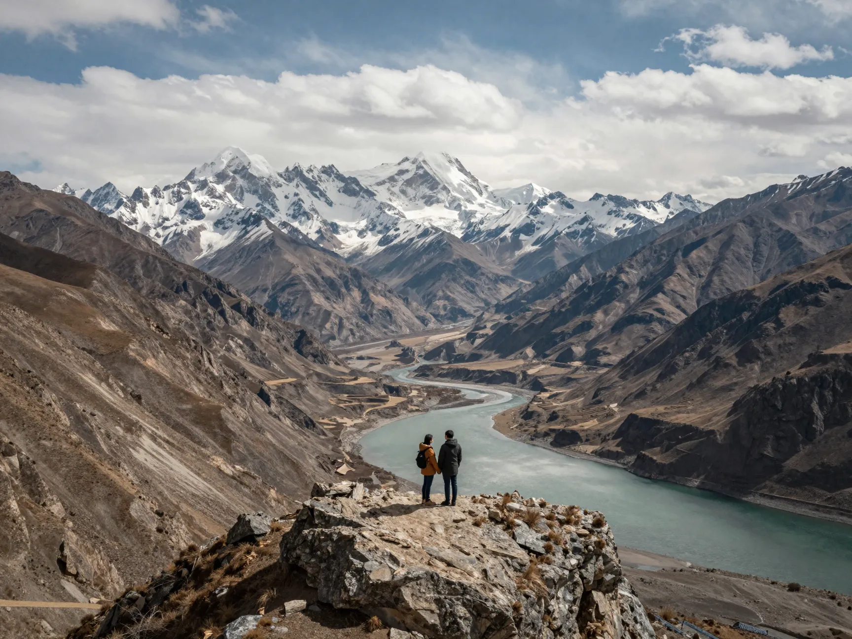 Small couple figures dwarfed by a sweeping mountain landscape