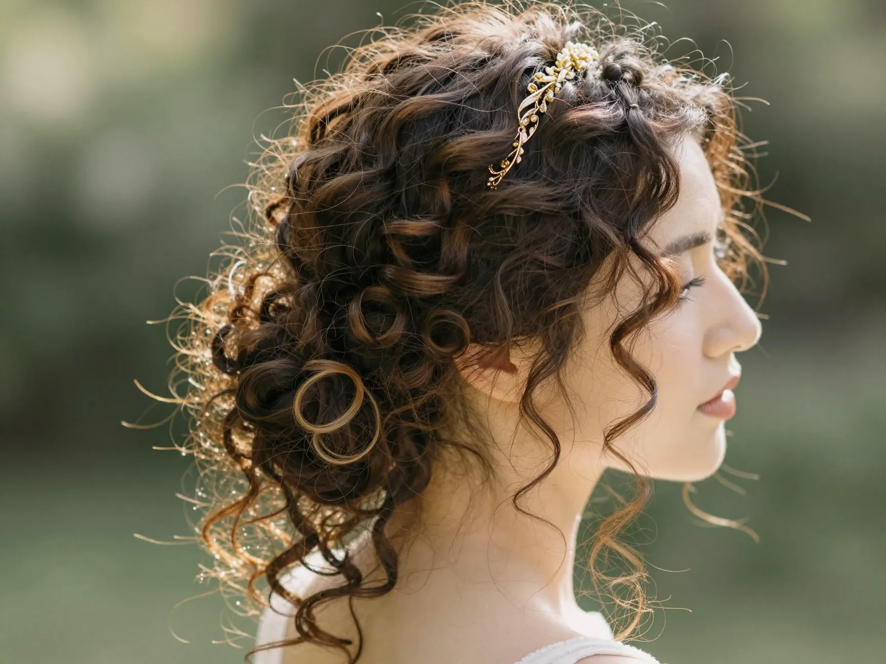 Woman with curly hair in romantic soft updo with loose curls
