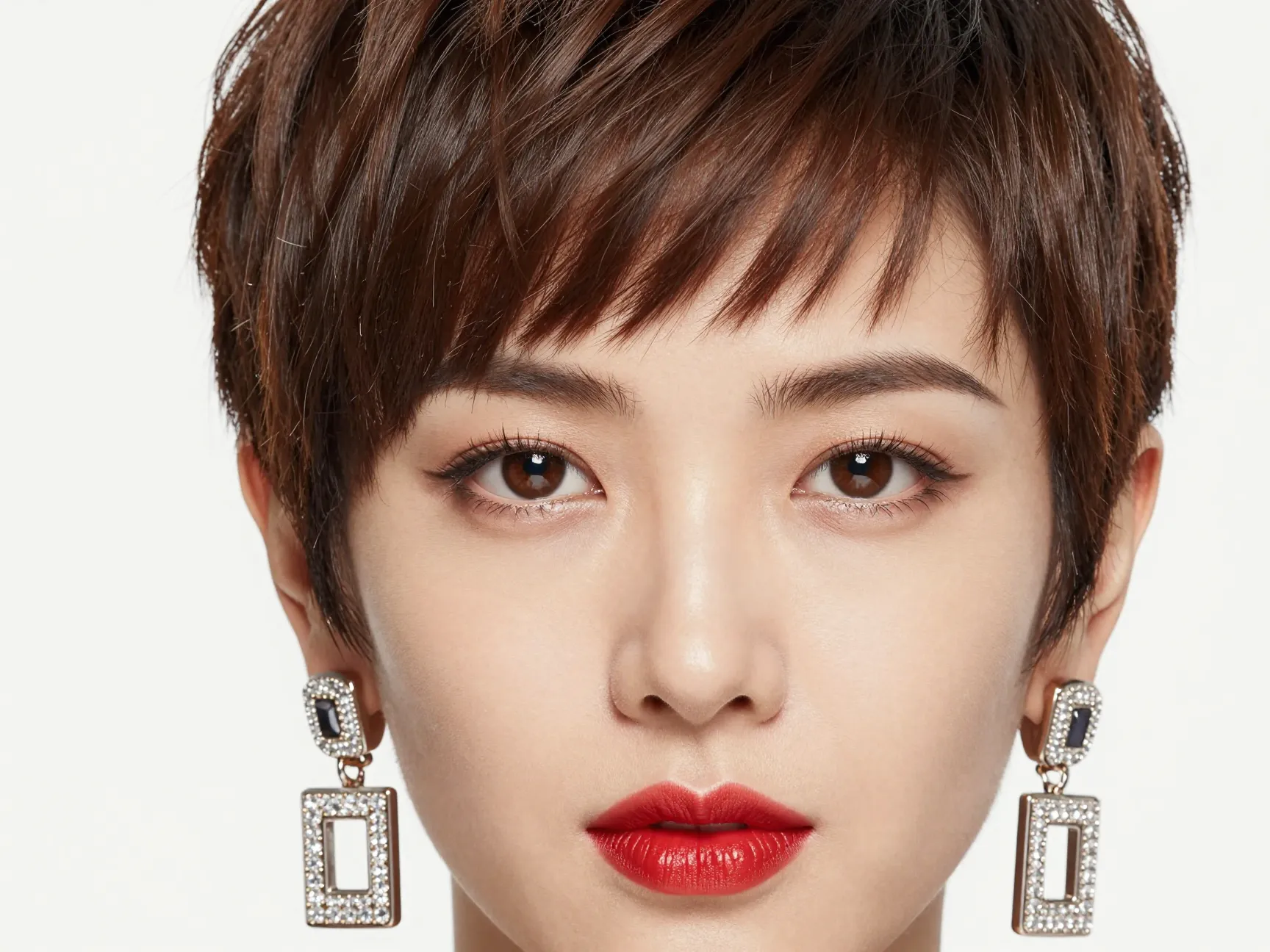 Confident woman with short polished pixie and statement earrings