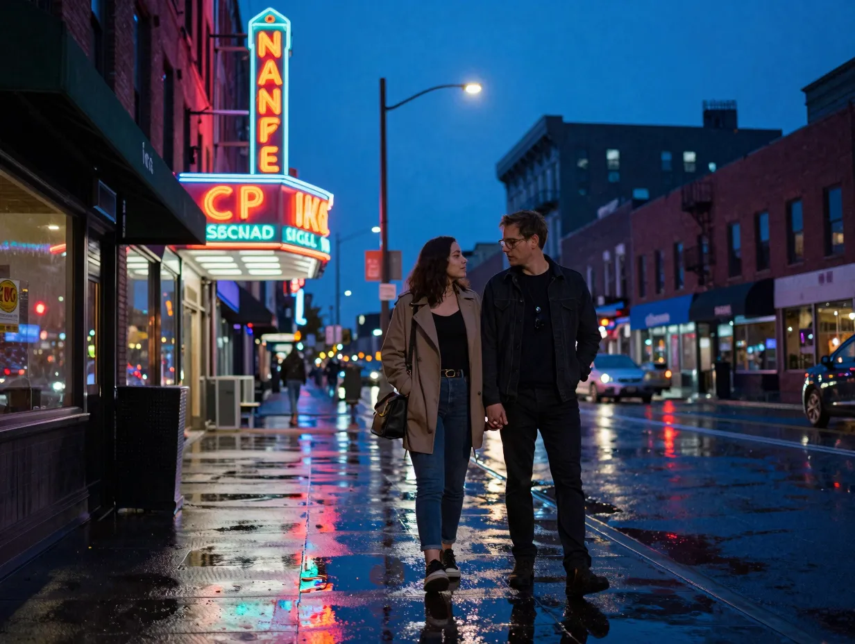 Couple under neon signs in a vibrant city at blue hour