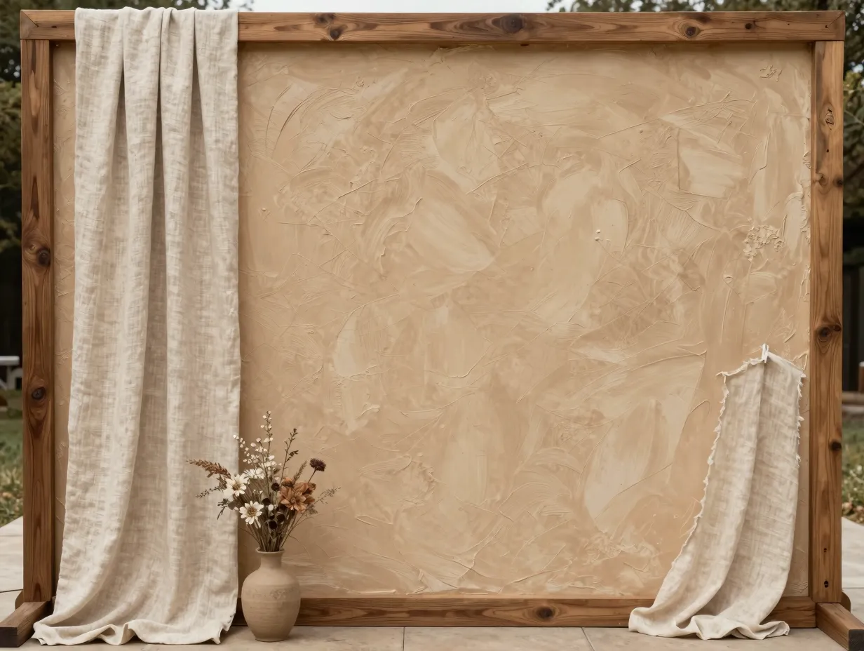 Hand painted putty textured backdrop with raw wood and linen