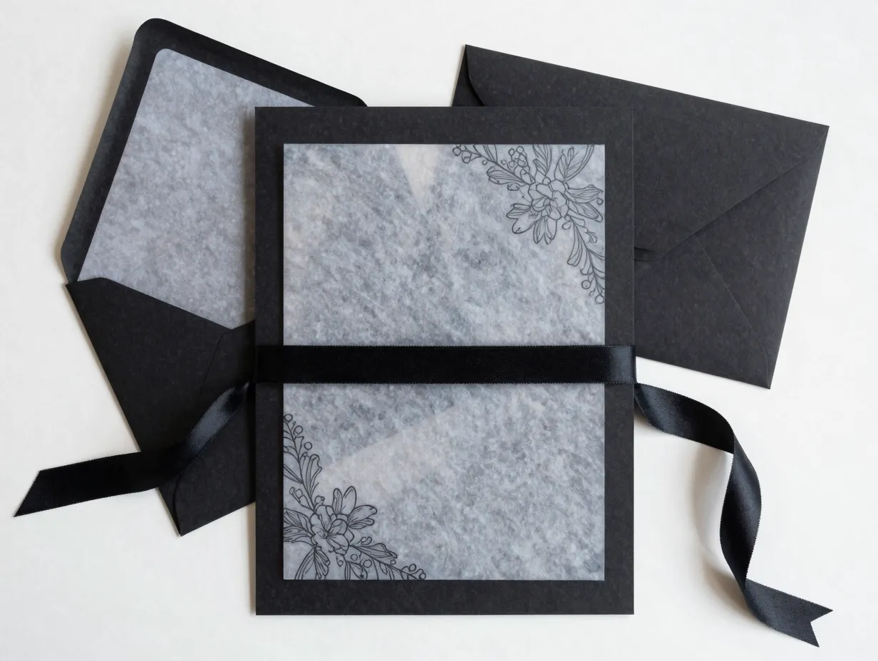 Layered invitation suite with vellum overlay and black ribbon