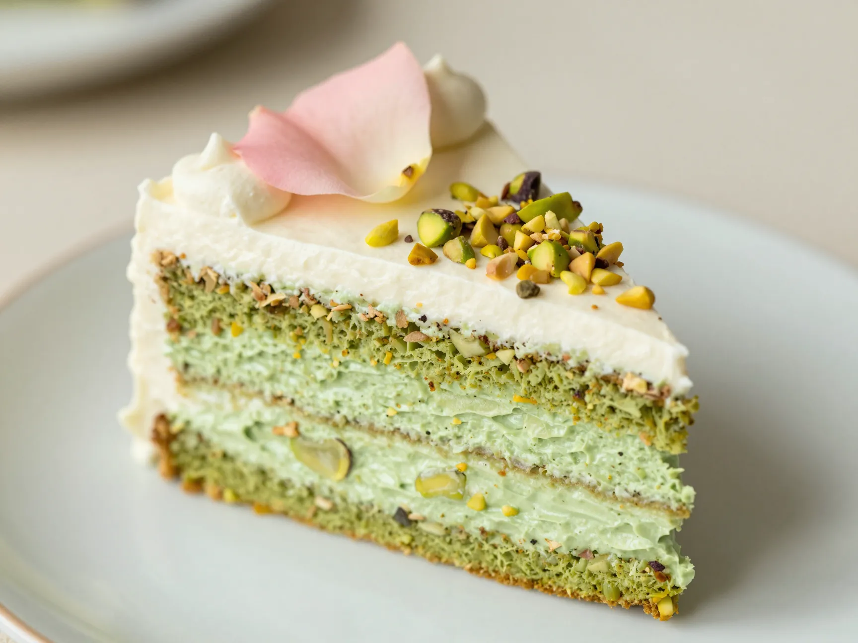 Pistachio flavored wedding cake slice with green cream and rose
