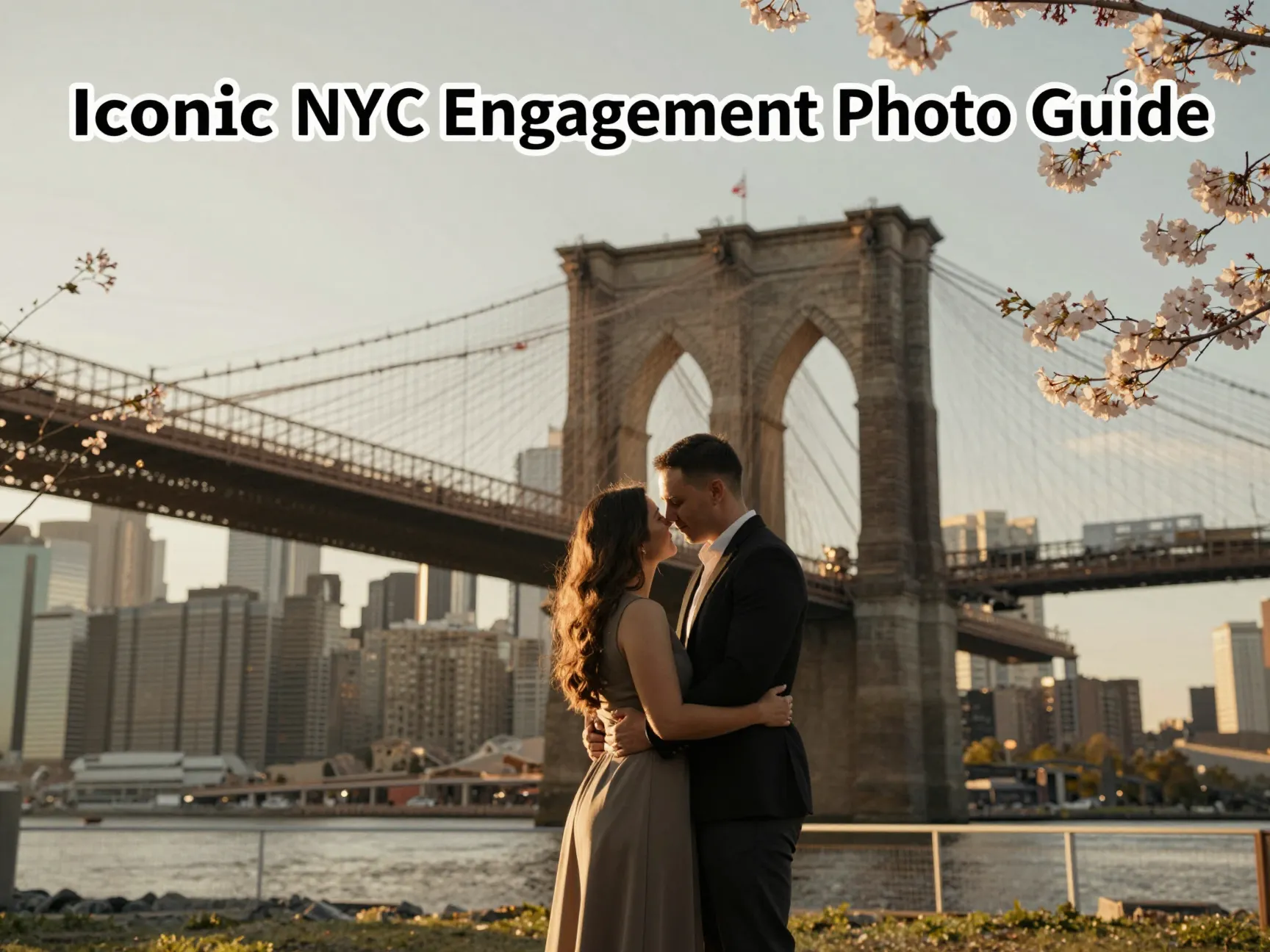Nyc skyline bridge couple cherry blossoms golden hour cinematic engagement