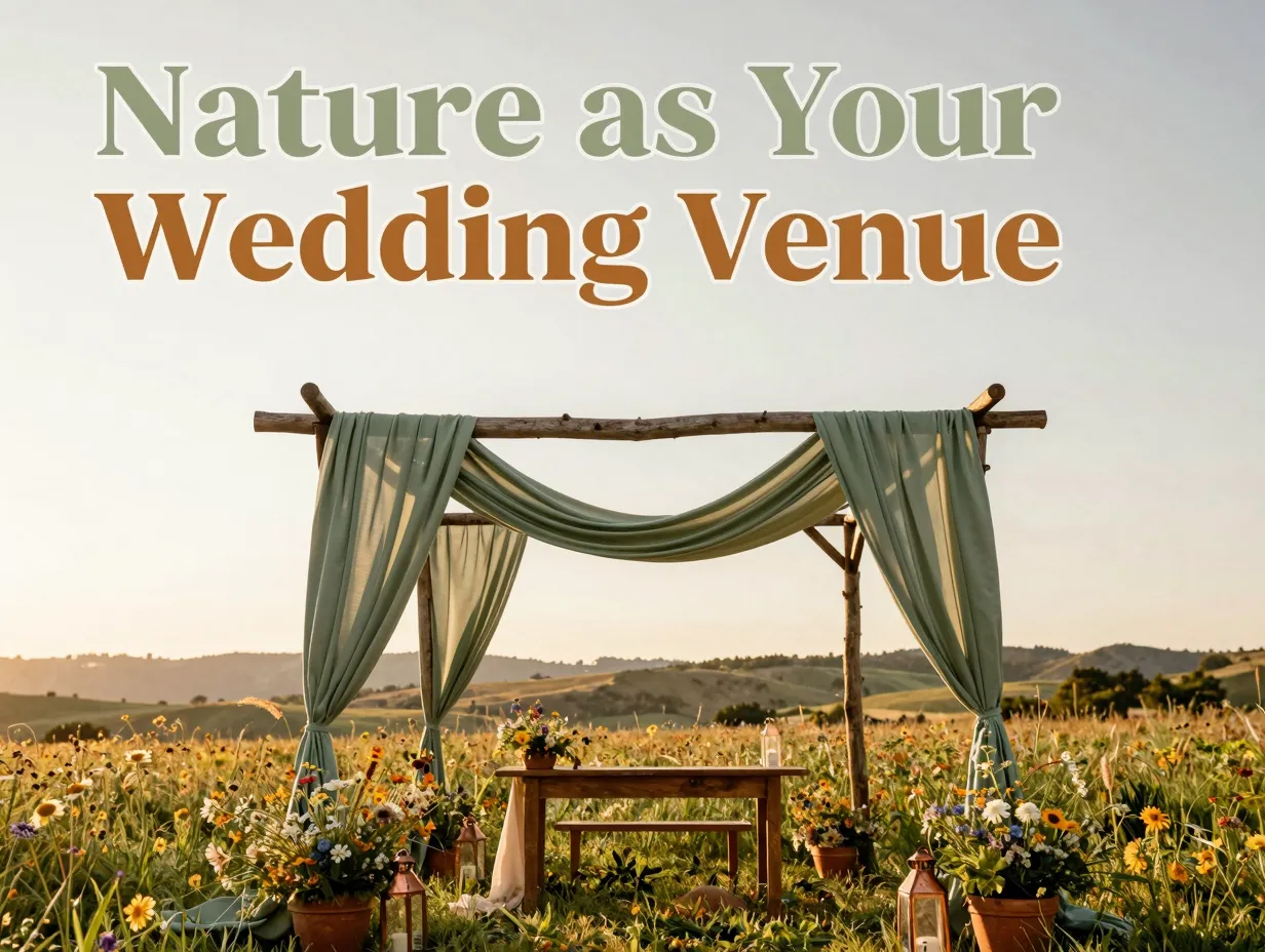 Sage draped pergola wildflower meadow golden hour wedding setup