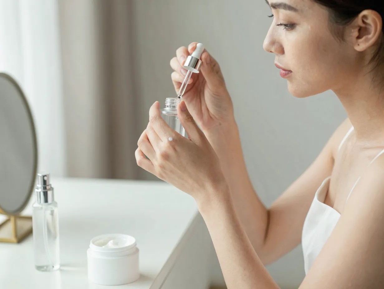 Bride preparing skin with hydrating serum and moisturizer in her boudoir on wedding morning