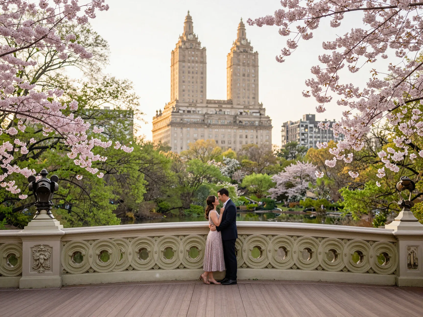 Central park spring engagement photos at bow bridge early morning
