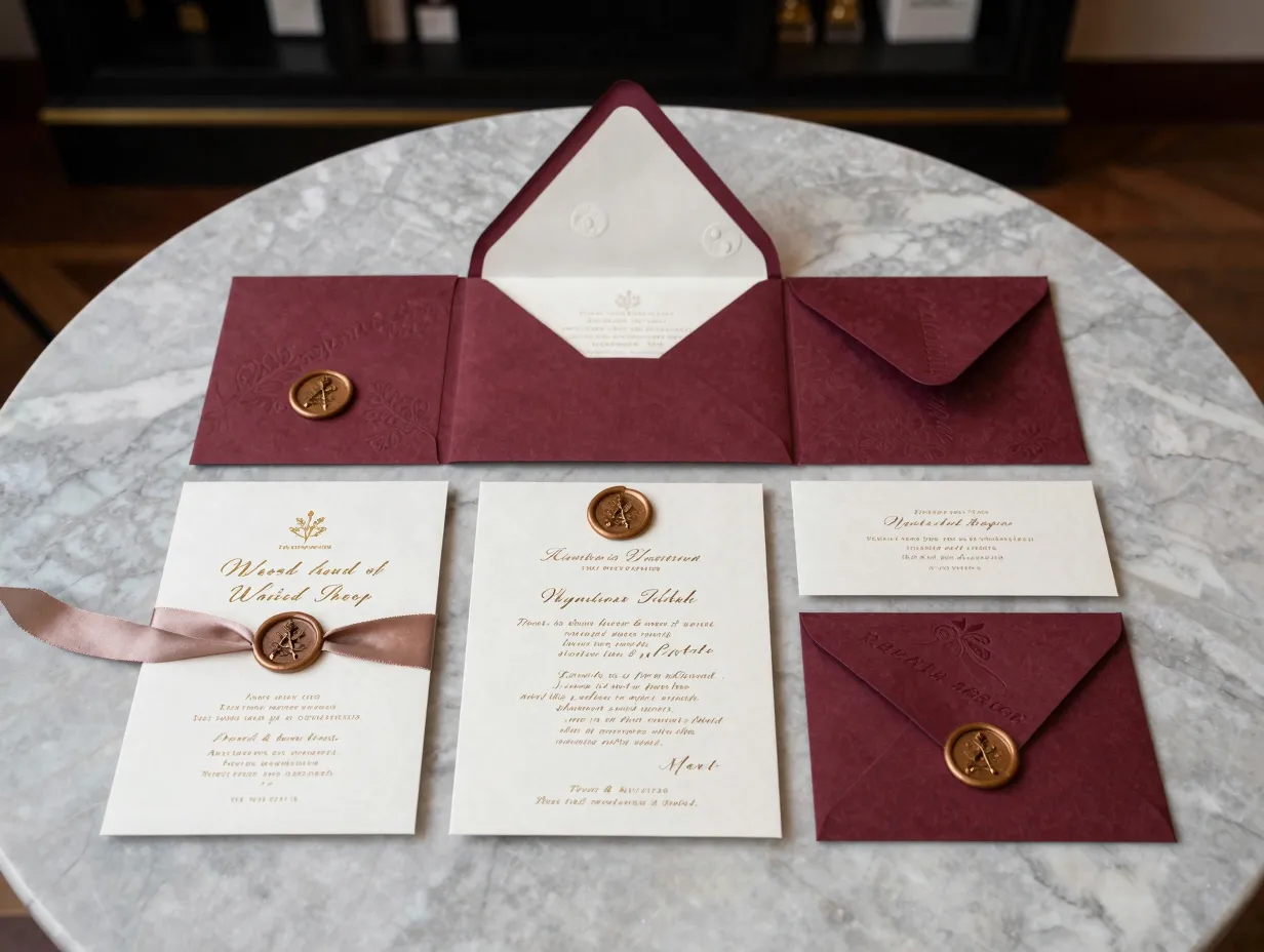 Luxury couture wedding invitation suite elegantly displayed manhattan atelier