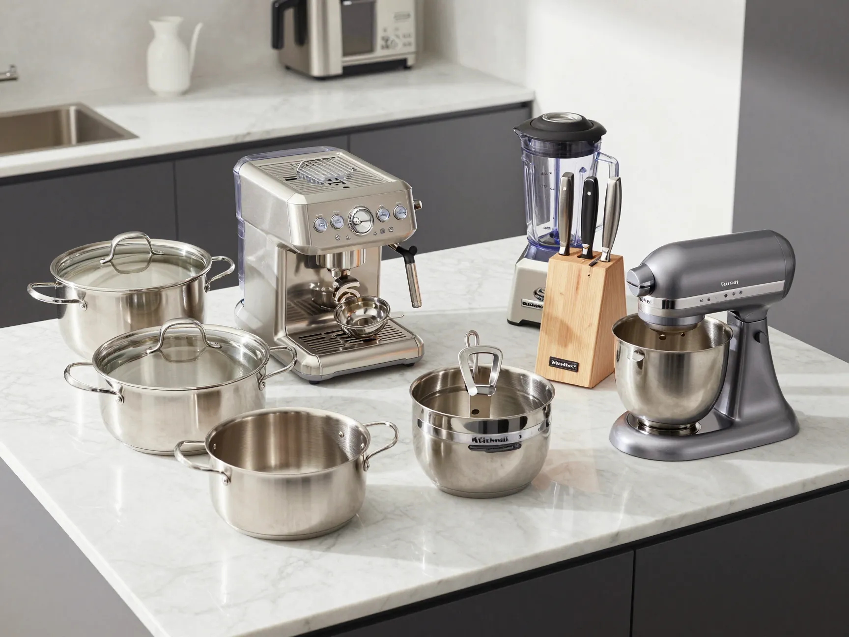 Premium cookware kitchen upgrade essentials marble countertop