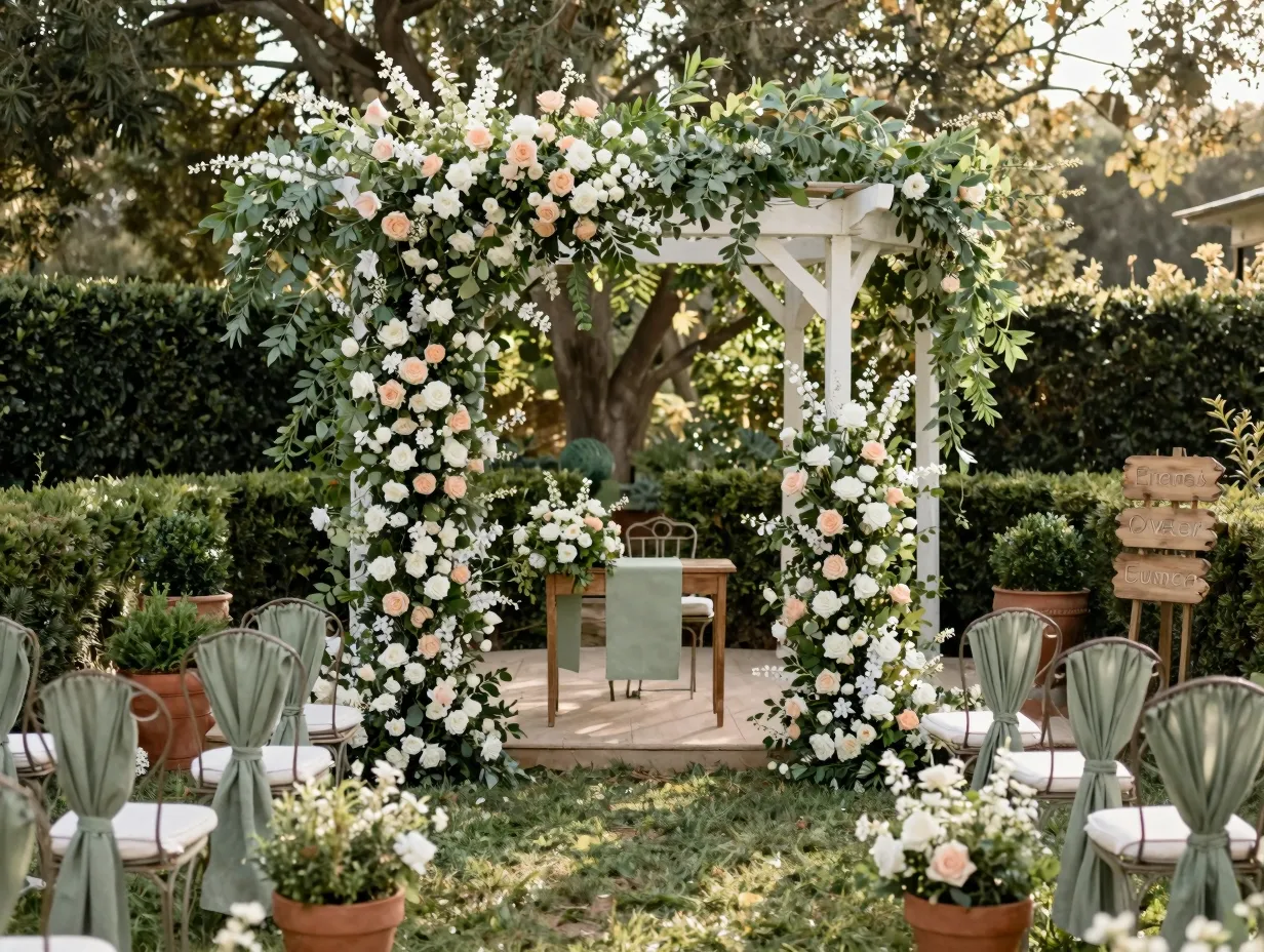 Romantic garden ceremony with flower arch sage green decor