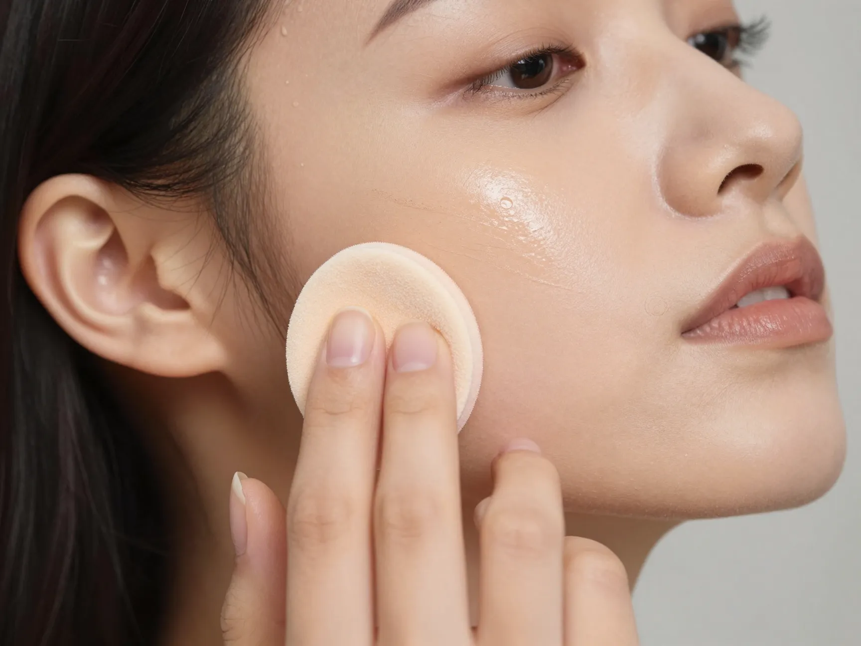 Bride applying lightweight luminous foundation with damp beauty sponge