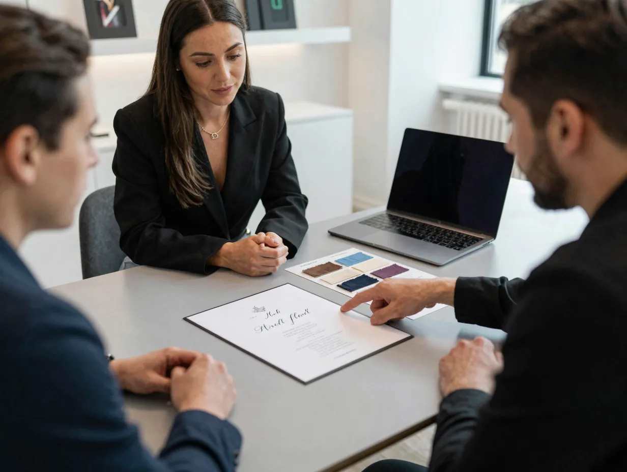 Couple reviewing custom luxury wedding invitation designer modern studio